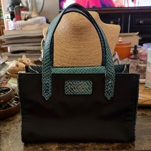 Kate Spade Black and Teal snakeskin detail nylon tote